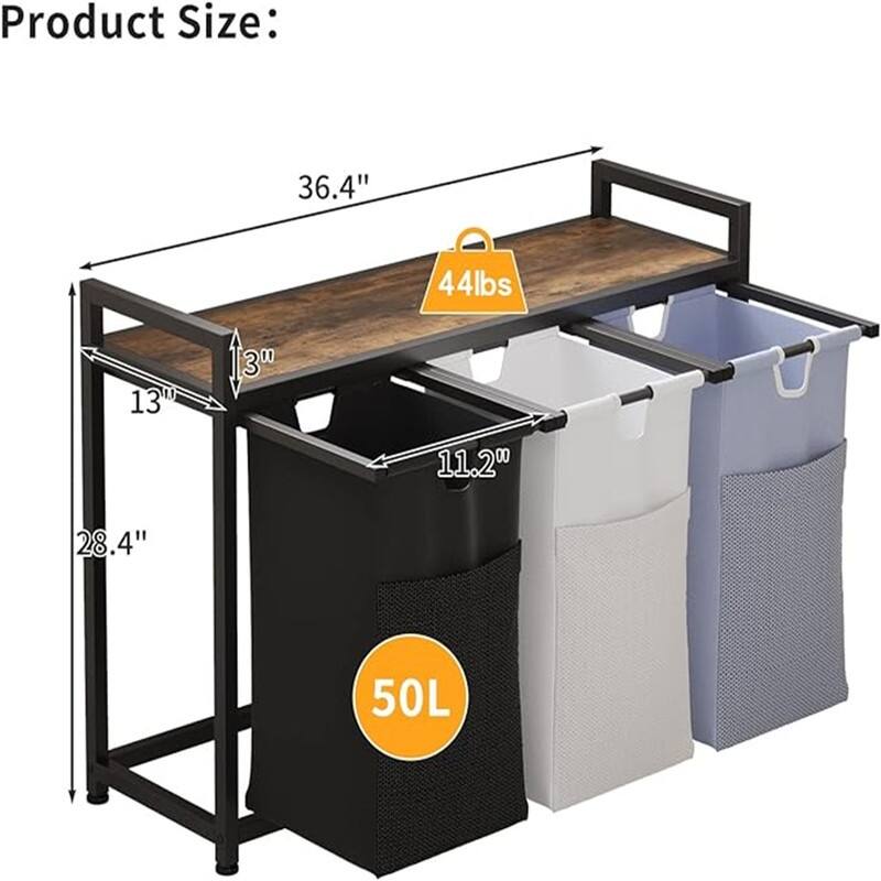 Laundry Basket Three Laundry Hamper with Removable Bags - 36.4"L x 13.77"W x 28.74"H
