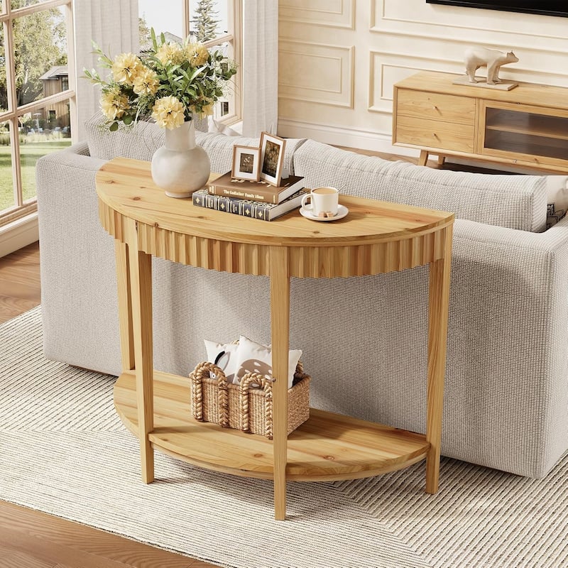 Solid Wood Fluted Console/Entryway Table with 2-Tier Storage Shelf