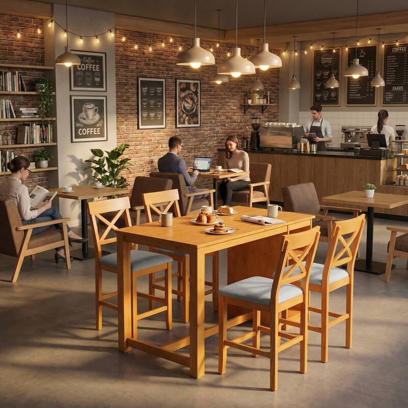 Homylin Solid Rubberwood Counter Height Dining Table Set with Storage, Brown - Brown