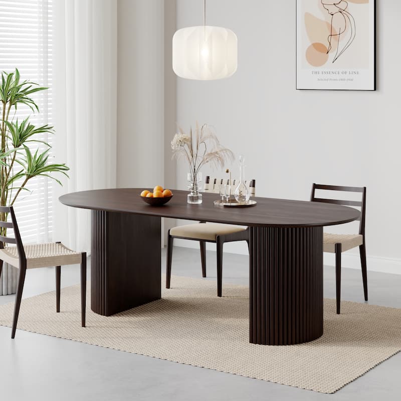 Modern Oval Wooden Dining Table - 79" Large Size, Sturdy Fluted Base, Natural Oak Finish for Dining Room