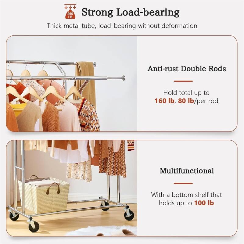 Heavy Duty Clothes Rack with Shelf and Hooks - 22"D x 66.56"W x 62.6"H