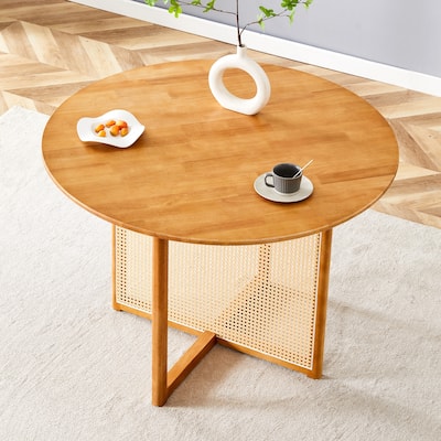 Chinese countryside retro solid wood round table, simple modern imitation rattan table, Suitable for dining room, living room