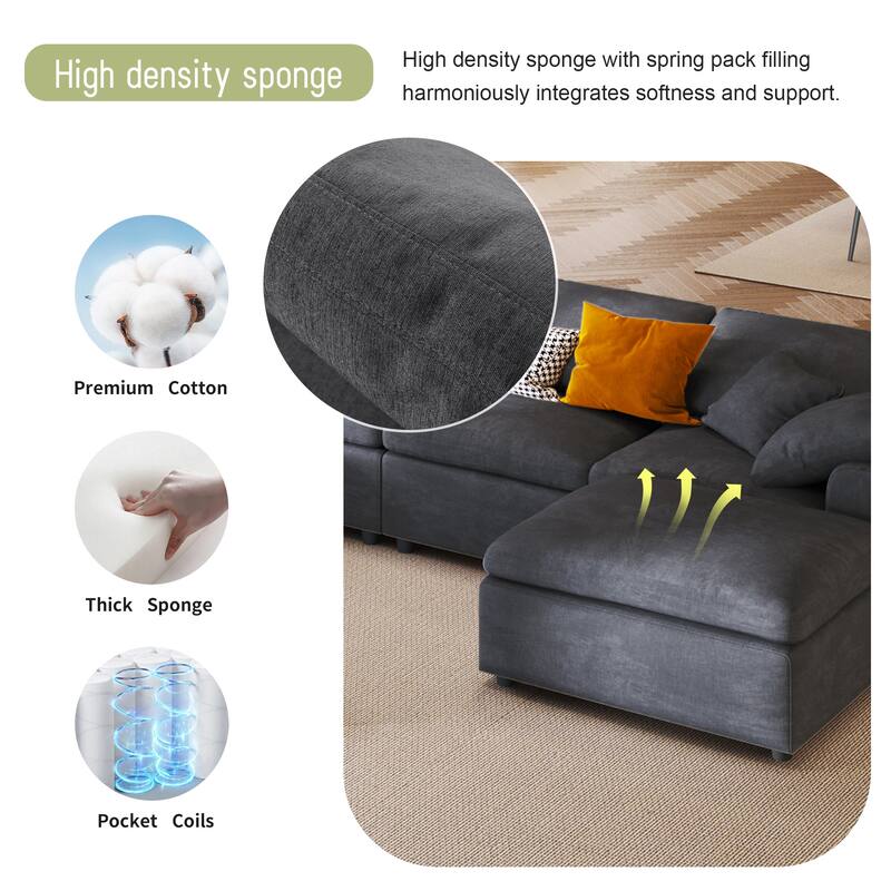 129.3'' L-Shaped 7-Seater Sectional with Ottoman and Pillow, Spacious Design for Living Room or Office Use