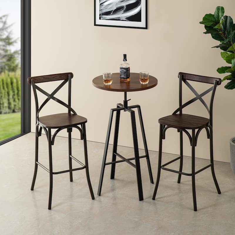 Glitzhome Industrial Modern Adjustable Bar Table Rustic Steel 3-Piece Pub Sets