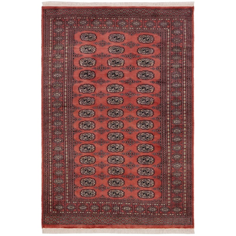 Southwestern Bokhara Desirae Pink Green Hand Knotted Rug - 4'0'' x 5'11''