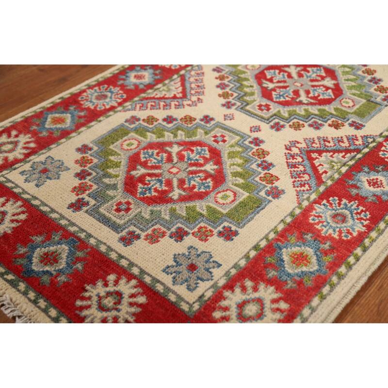 Ivory & Red Geometric Kazak Oriental Foyer Rug Handmade Wool Carpet - 2'0"x 3'0"