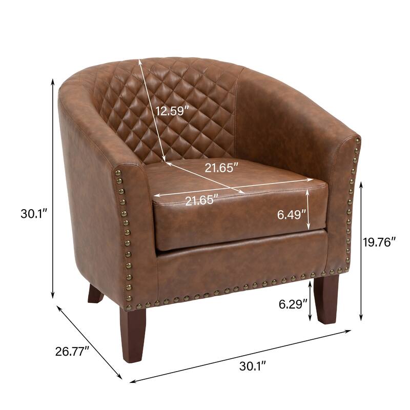 Modern Nailheads Trim Leather Barrel Accent Chairs with Wood Legs