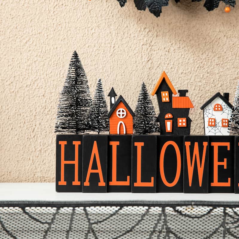 Glitzhome 14"L Halloween Wooden HALLOWEEN Haunted House Table Sign