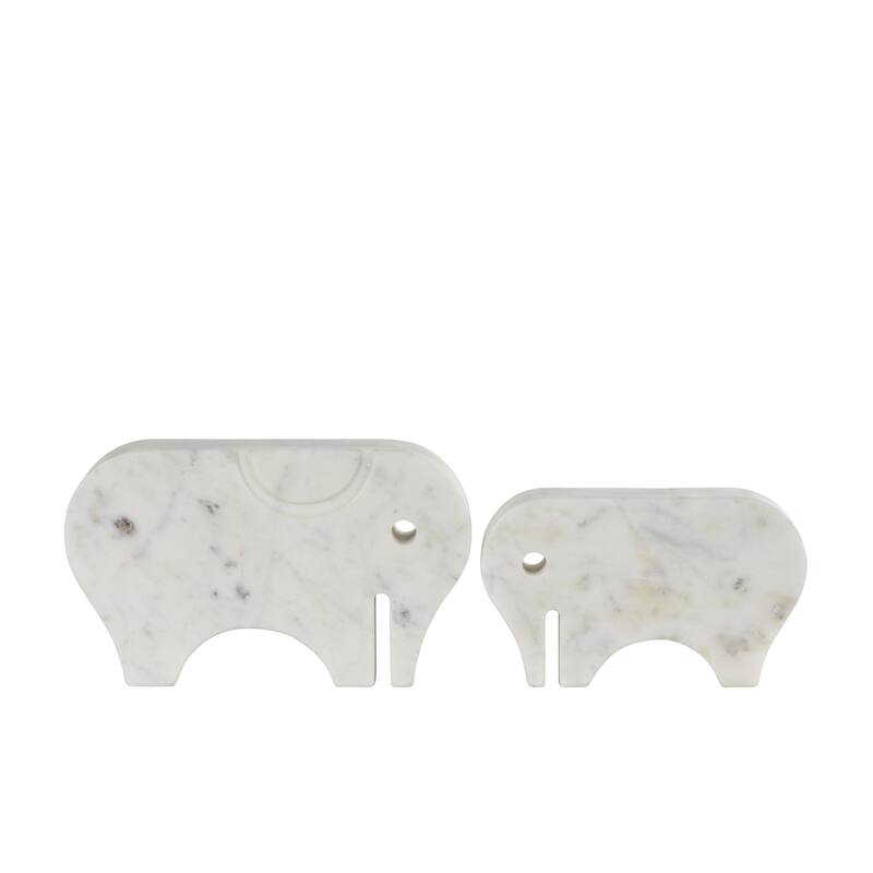 White Marble Rounded Abstract Elephant Decorative Sculpture with Gray Marble Veins and Cutouts (Set of 2)