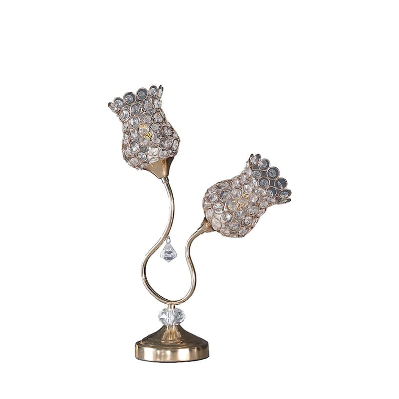 19 Inch Gold Two Light Bedside Lamp with Clear Acrylic Bead Shade - 12" x 5" x 18.75"