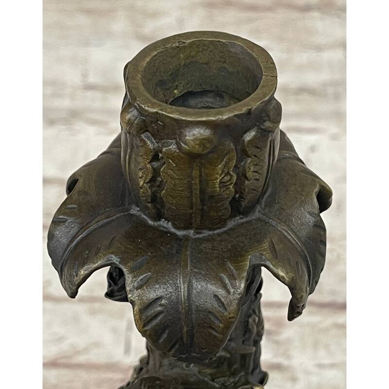Signed Original Evan Stone Colonial Man Holding Flower Bronze Candle Holder Statue