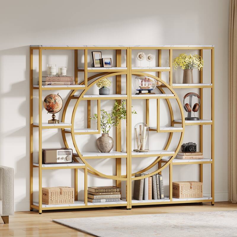 Bookshelf Industrial 5 Tier Etagere Bookcase, Freestanding Tall Bookshelves - 2 Packs - Gold