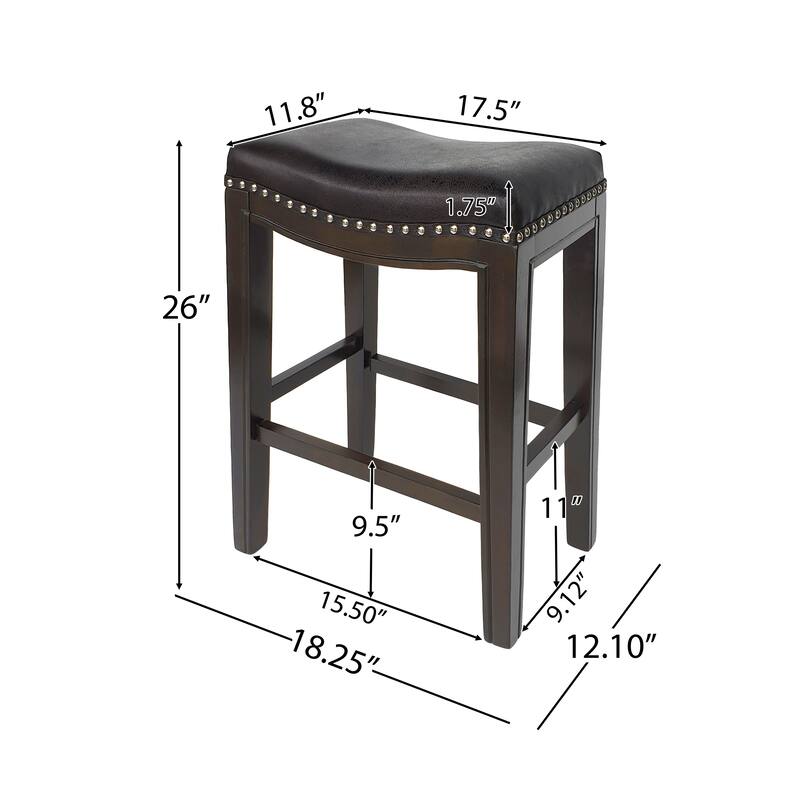 Feine Counter Stool Set of 2, Gray Faux Leather Saddle Seat, Brown