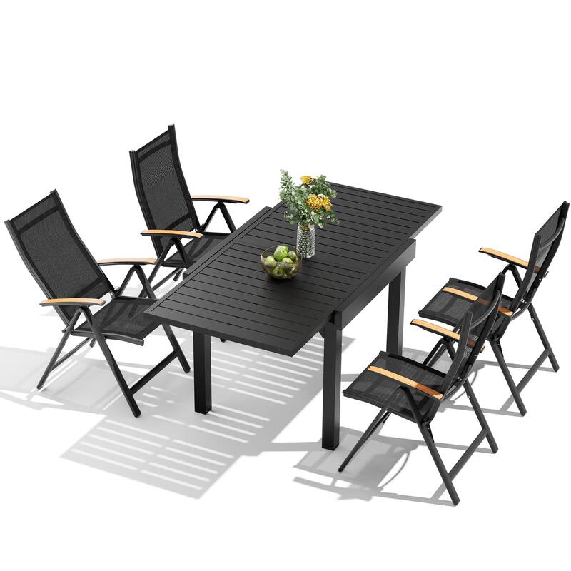 5/7/11-Piece Outdoor Patio Dining Set Aluminum Expandable Rectangular Dining Table with Adjustable Back Folding Chairs