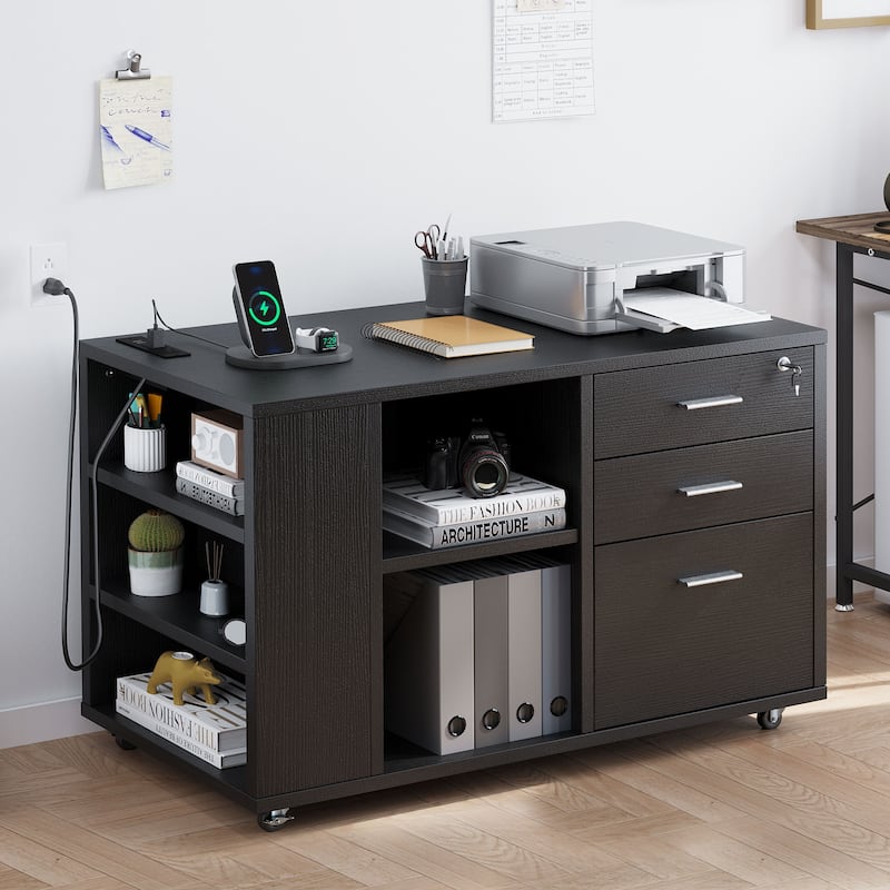 Wood File Cabinet with Charging Station Mobile Lateral Filing Cabinet Lockable Fits A4 Letter Legal Size Files - Black
