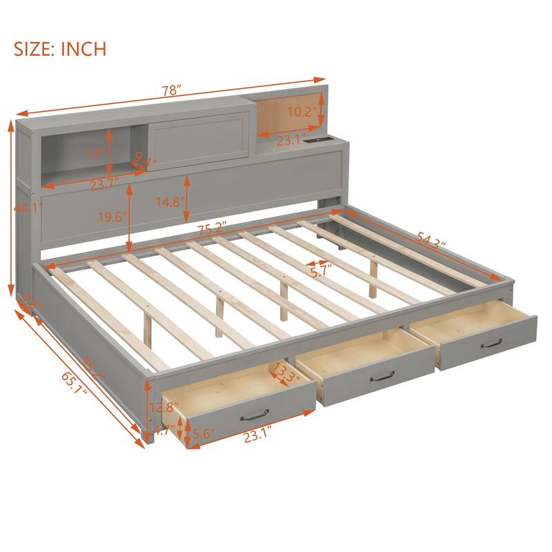 Gray Full Size Wooden Daybed with Three Storage Drawers, Soft Board, and USB Ports