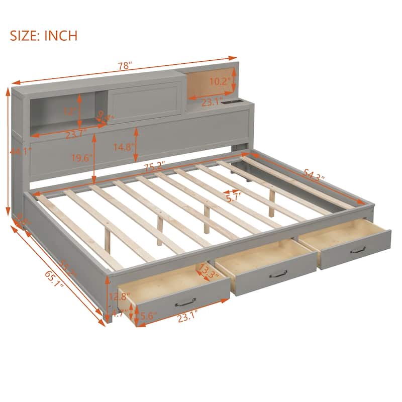 Wooden Daybed with 3 Storage Drawers and a set of Sockets and USB Ports