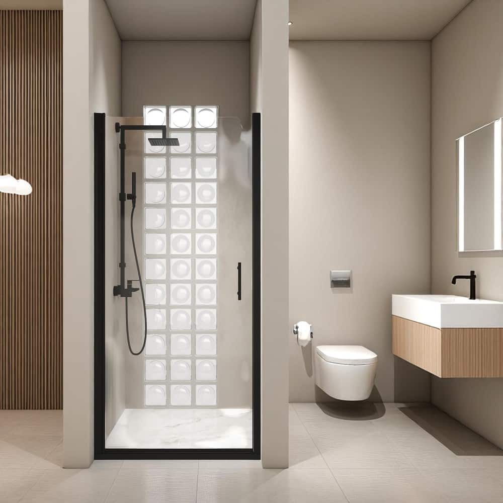 Pivot Shower Door 24/28/34 x 72 in., 6mm Tempered Glass, Matte Black Half Frame, Explosion-Proof Safety Film