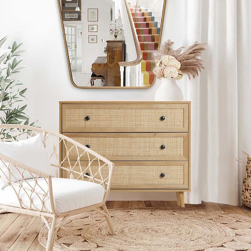 35" Wide 3-Drawer Rattan Light Oak Finish Wood Dresser