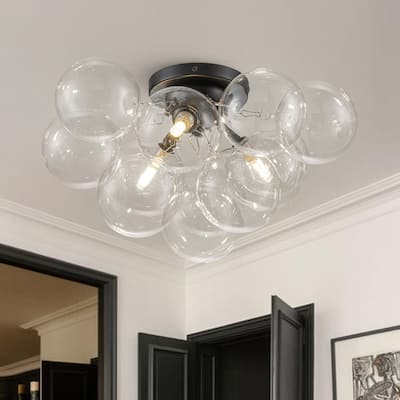 3-Light Clear Glass Globe Bubble Semi Flush Chandelier - Brass 18in