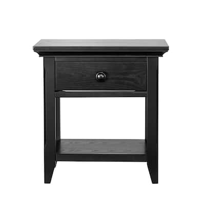 24" Black Wooden Nightstand with One Drawer and Open Shelf Versatile Bedroom or Living Room Table