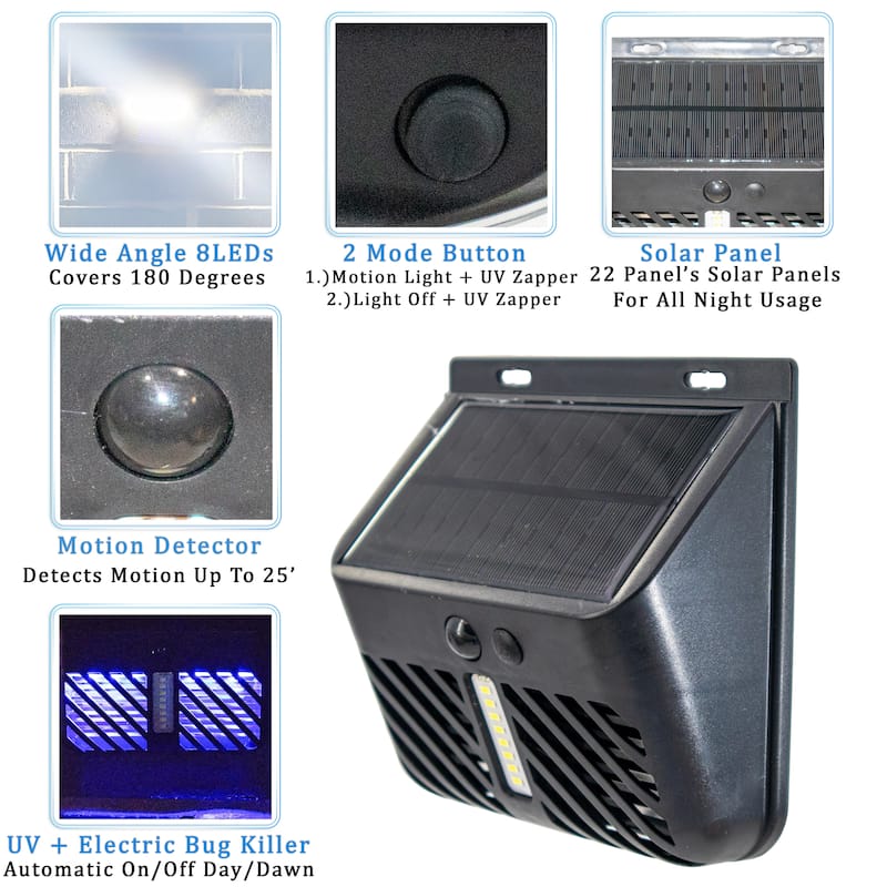 2 Solar Bug Zapper UV Mosquito Insect Killer w/ Motion Sensor LED Light, Waterproof Insect Pest Control for Garden, Yard, Patio