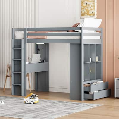 Twin Size Loft Bed With Large Shelves, Writing Desk And Led Light