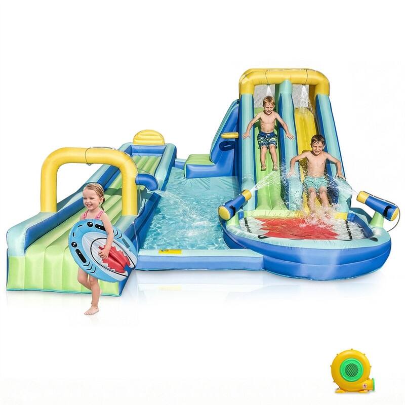 Oxford Cloth Shark Theme Dual Slide Inflatable Water Bounce Castle In Blue With Climbing Wall - N/A