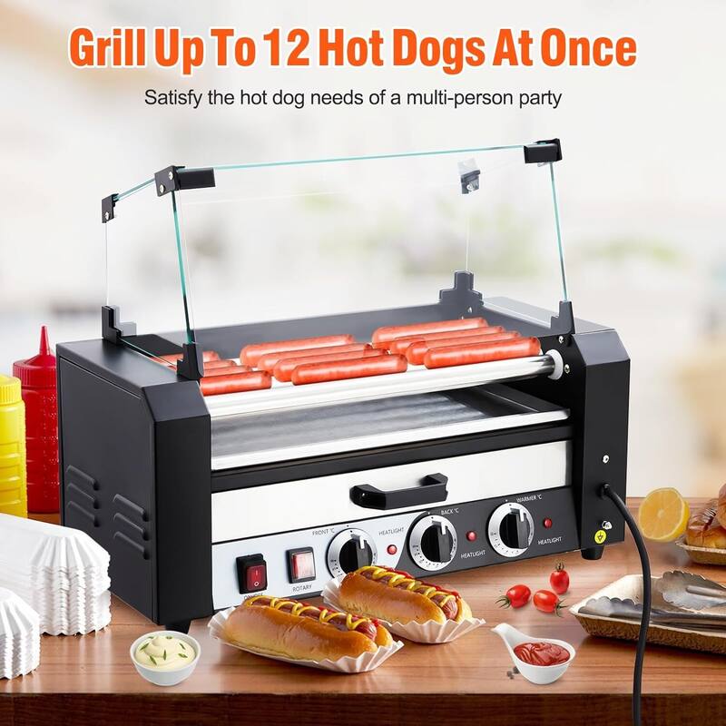 Hot Dog Roller with Warming Drawer, Stainless Steel Sausage Grill