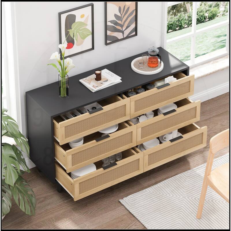 6-Drawers Rattan Storage Cabinet with White Drawer Slides - 51.18"Black - 6-drawer