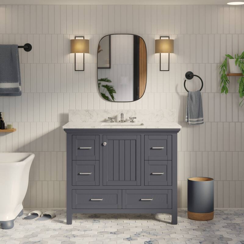 KitchenBathCollection Paige 42" Bathroom Vanity with Carrara Marble Top - Marine Gray