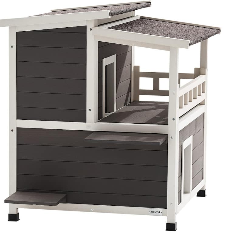 White-Grey Insulated Outdoor Wooden Cat House with Weatherproof and Two-Story Shelter for Multiple Cats