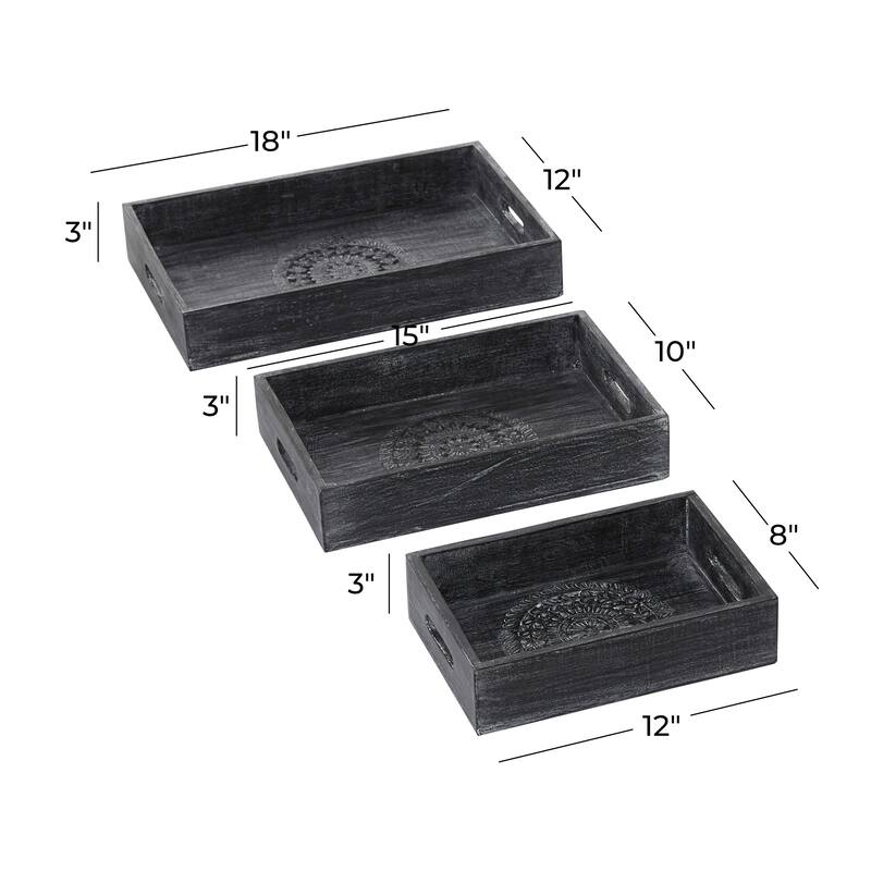 Wood Floral Intricate Carved Tray - Set of 3 Black - Roche River Decor - 12"W x 18"L x 3"H