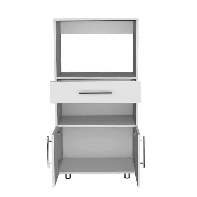 Kitchen Pantry 48" H, Two Open Storage Shelves, One for Microwave, Two Doors, Four Legs, White - White