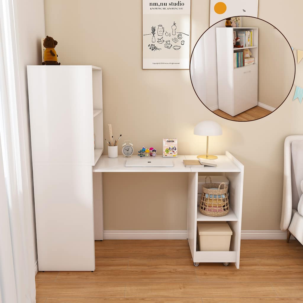 Stretchable desk, office desk with storage shelves and mobile wheels, suitable for small apartments and offices