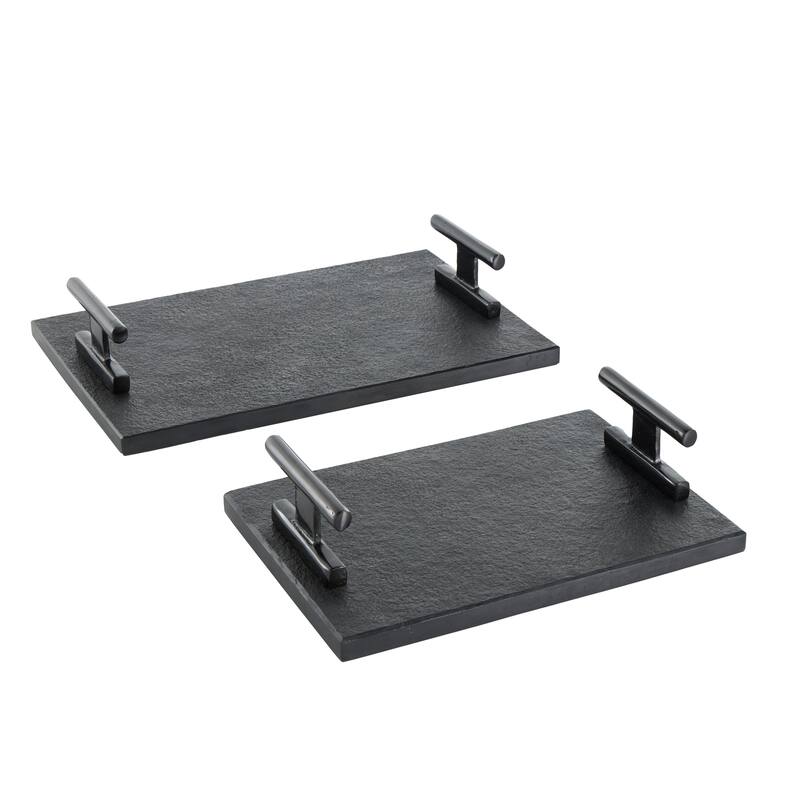 Black Marble Textured Living Room Decor Tray with Silver or Black Rod Handles (Set of 2)