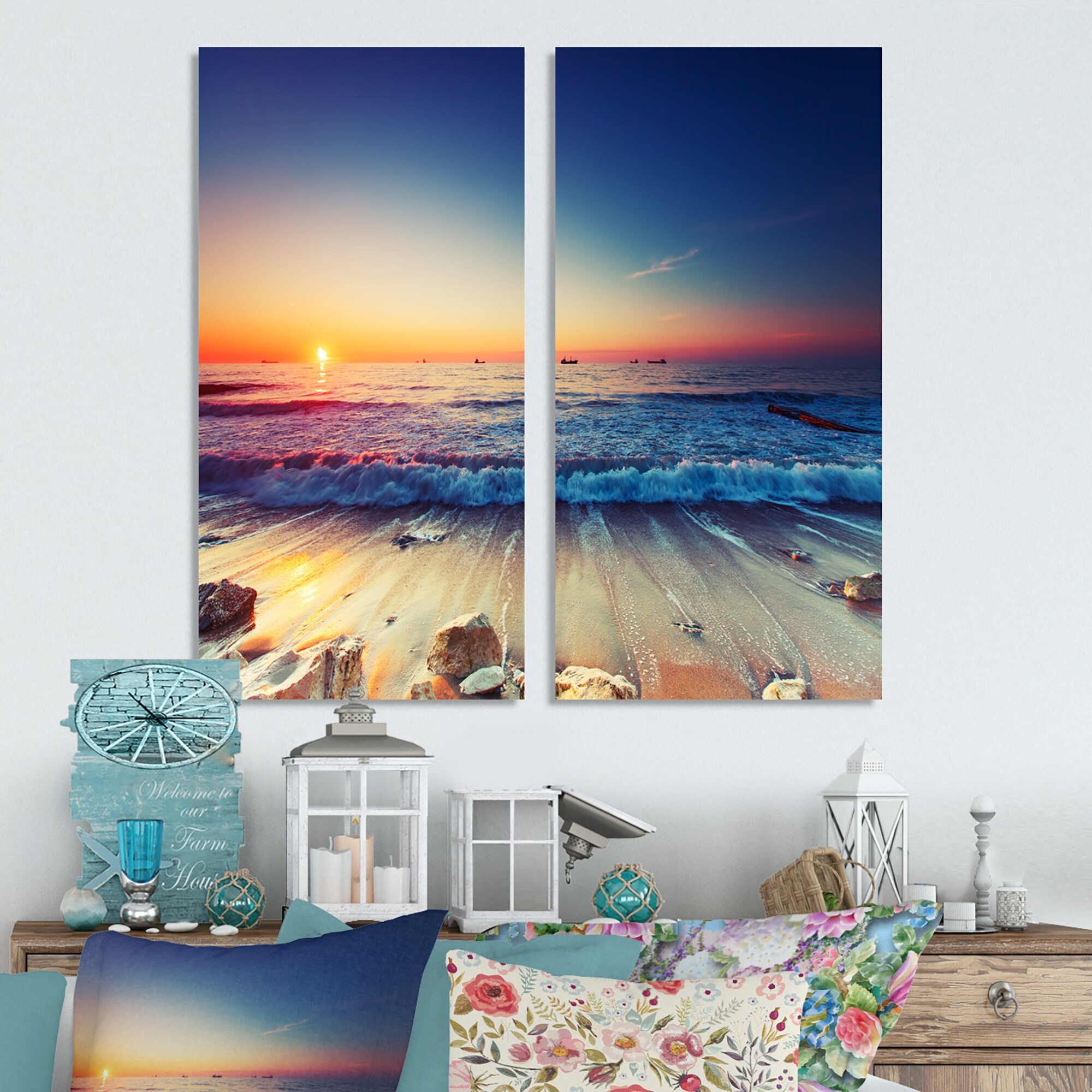 Designart «Красивый восход солнца над синим морем» побережье холст-image