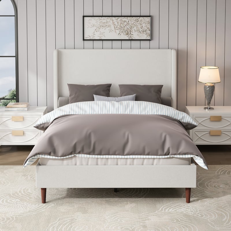 GDFStudio - Oliver High Back Soft Bed with 12-Slat Support and Plush Upholstery - IvoryWhite - Queen