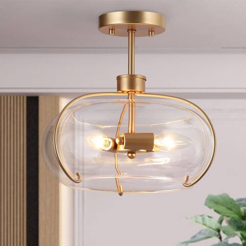 Modern Gold 3-Light Glass Semi-flush Mount Foyer Ceiling Kitchen Lights - 12" D x 11.5" H