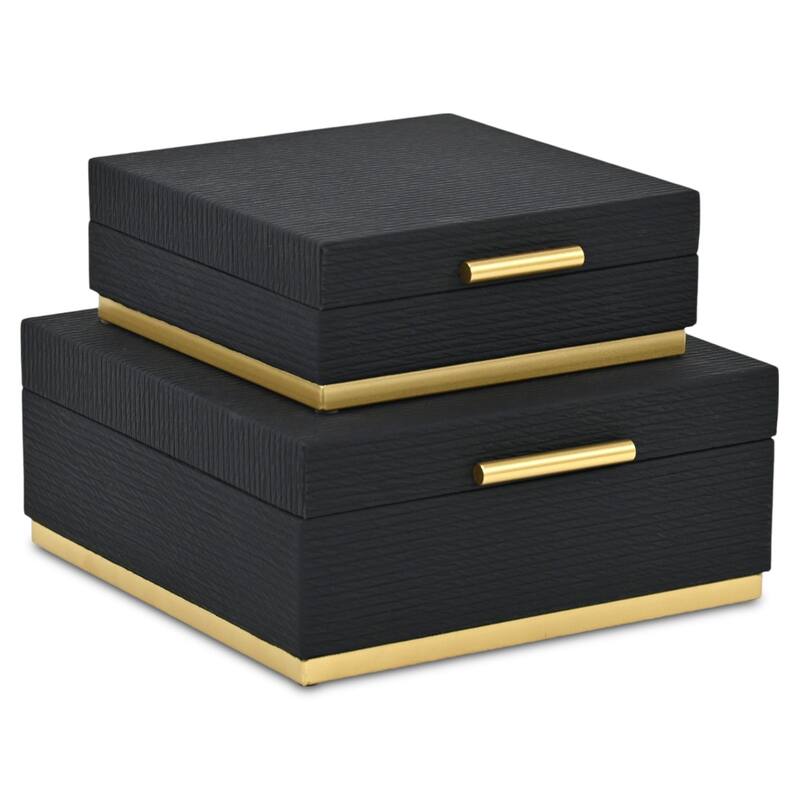 Eira Set of 2 Square Decorative Storage Boxes - Retro Stripe Pattern with Gold Hardware
