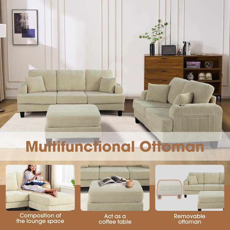 Modern Fabric 3-piece Sectional Sofa Set with Loveseat and Storage Ottoman