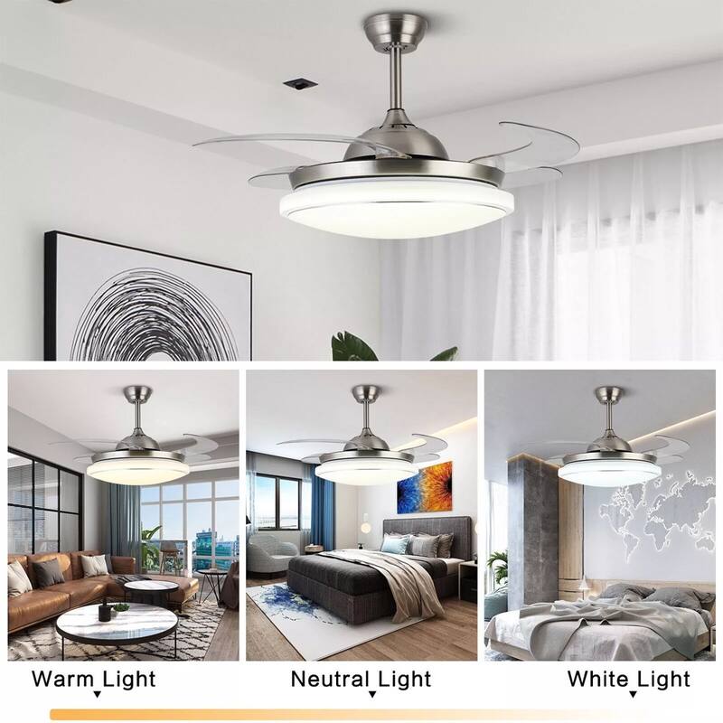 Silver LED Invisible Ceiling Fan Light Crystal Chandelier Lamp Remote - 42" x 10"