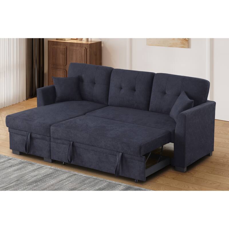 Sectional Sofa Bed, Dark Blue, Wood+Fabric, Space-saving