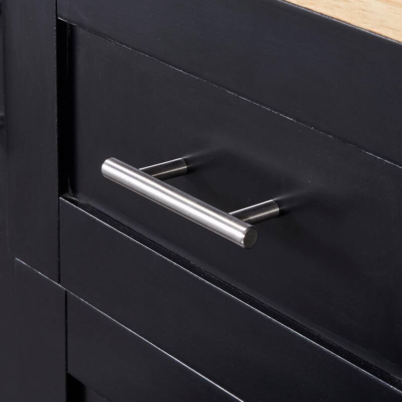 Rolling Kitchen Island with Rubber Wood Top, Drawers, Shelves, Internal Storage, Wheels, Spice & Towel Racks