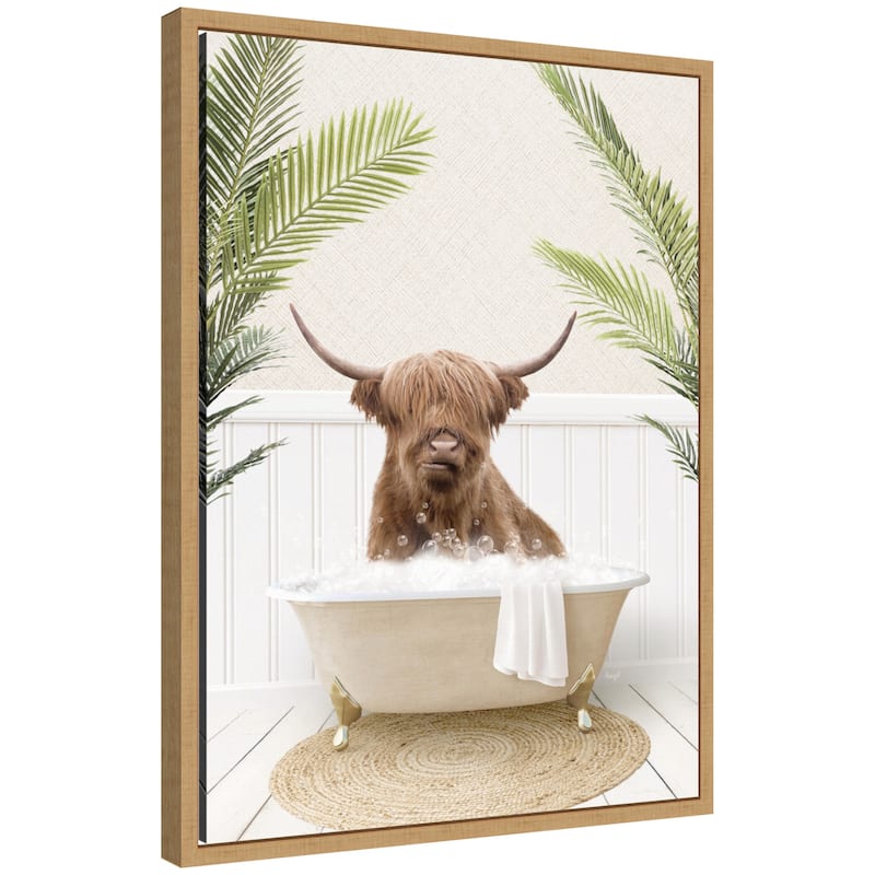 Kate and Laurel Sylvie Highland Cow in Palm Bathtub Framed Canvas by Amy Peterson - Natural