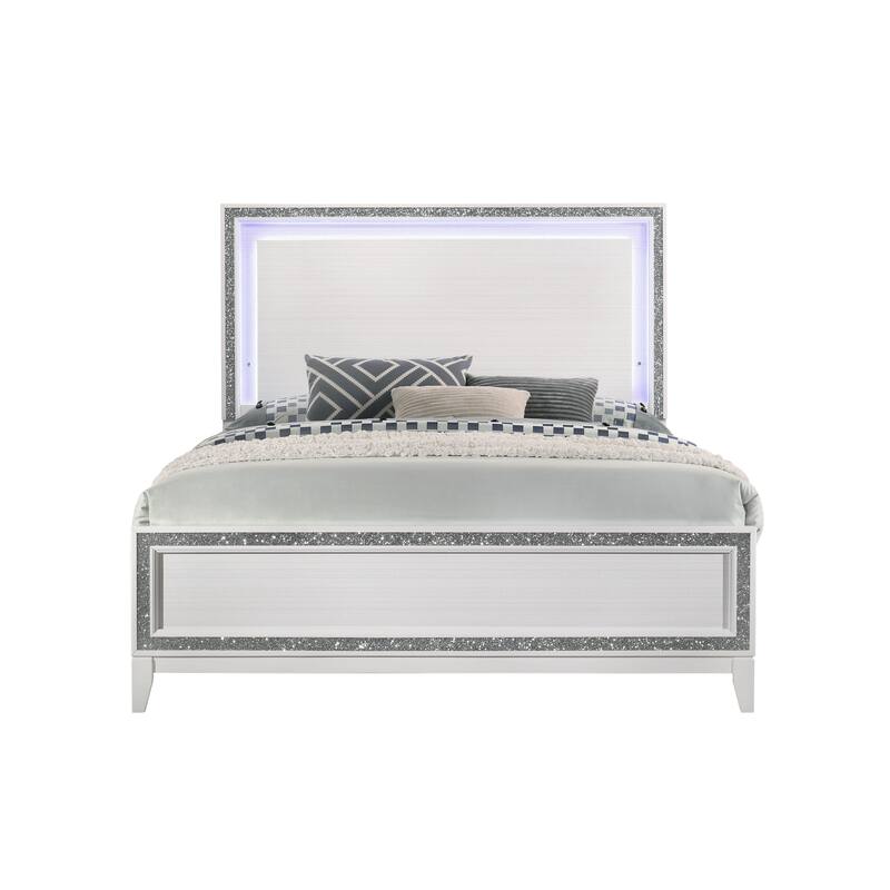 Queen Bed with LED Headboard, Silver Trim, Low Profile Footboard - White