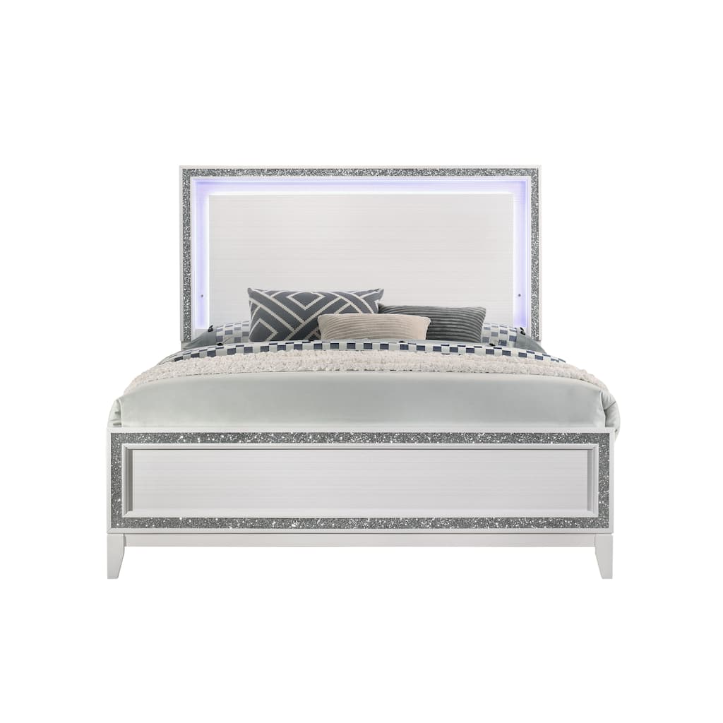 Queen Bed with LED Headboard, Silver Trim, Low Profile Footboard