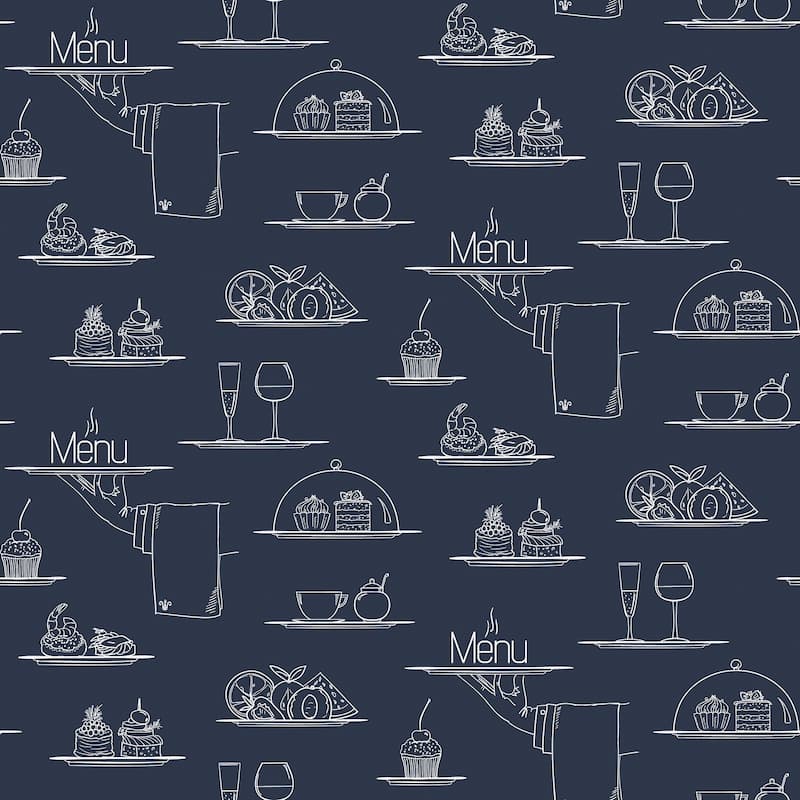Galerie Wallcoverings Just Kitchens Chalkboard Menu Vinyl on Non-woven Matte Wallpaper Roll - 33 feet x 21 inches - Blue