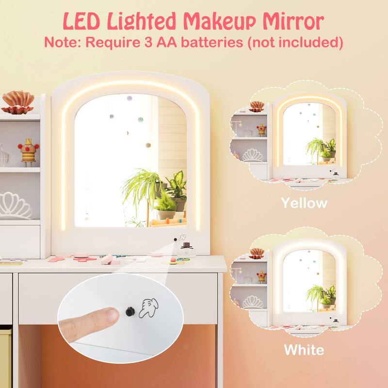 Gymax Kids Vanity Set Princess Makeup Desk & Chair w/ Mirror & Lights