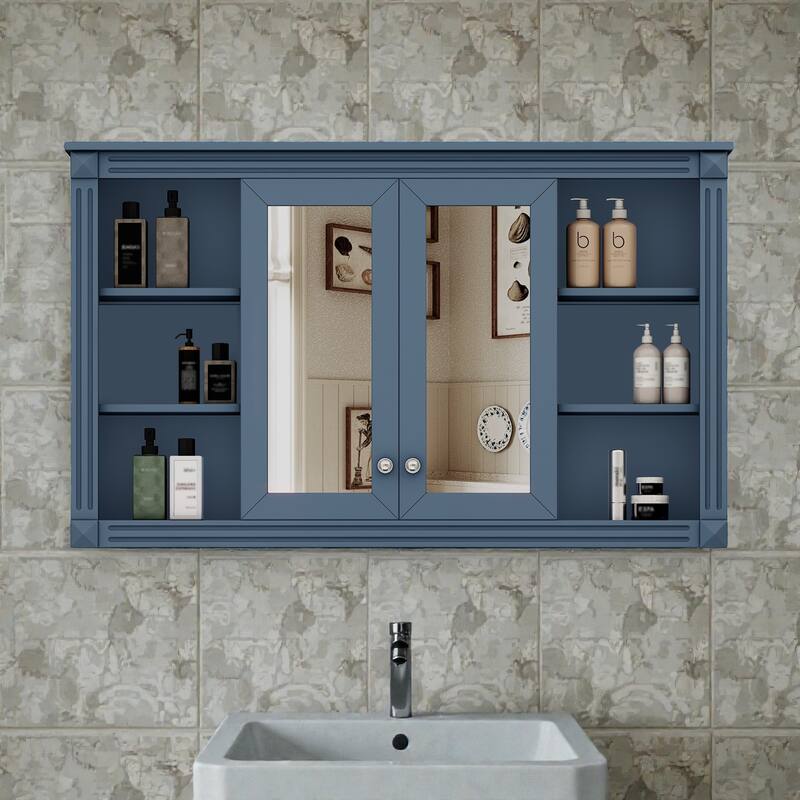47 Inch Wall Mounted Bathroom Mirror Medicine Cabinet with Storage, Adjustable Shelf and Open Shelves - Blue